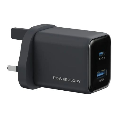 Powerology Volt-X 45W Dual USB-C PD Wall Charger with C to C Cable – Black