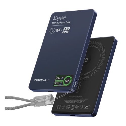 Powerology MagVolt 5000mAh TFT Display Ultra Slim Magnetic Wireless Powerbank – Blue