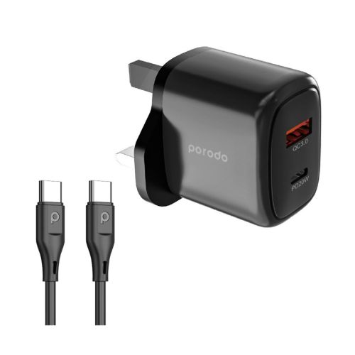Porodo 20W USB A+C Charger UK with C- C 1.2M Cable - Black