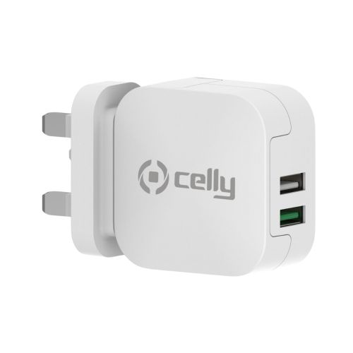 Celly Turbo Wall Charger Double USB-A Port with USB-C Cable - White