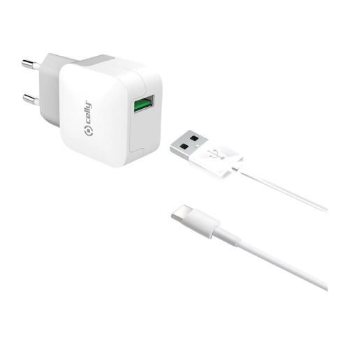 Celly Turbo Wall Charger USB-A Port with USB-C Cable - White
