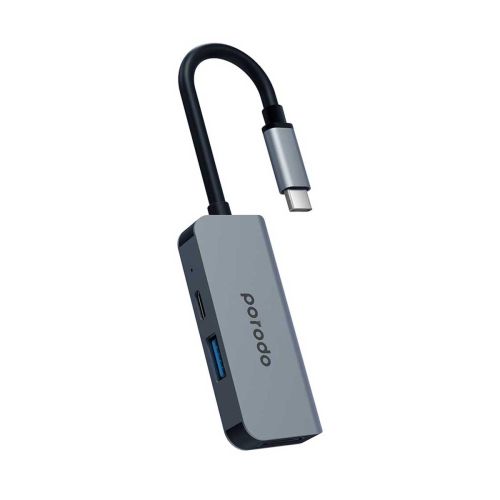 Porodo 3 in 1 Aluminum USB-C Hub 4K HDMI PD 87W - Gray