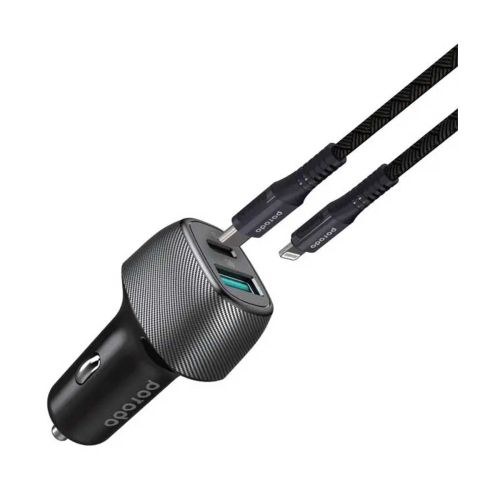 Porodo Dual Port Car Charger with Braided Type-C to Lightning Cable - Black
