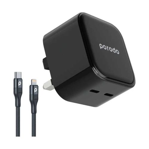 Porodo Super Fast Dual USB-C Wall Charger 35W UK with Braided Type-C to Lightning Cable 1.2m - Black