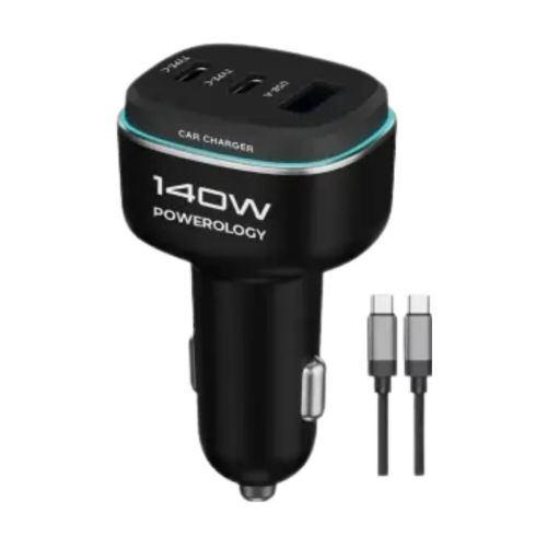 Powerology 140W Triple-Port Car Charger with USB-C Cable – Black/Gray