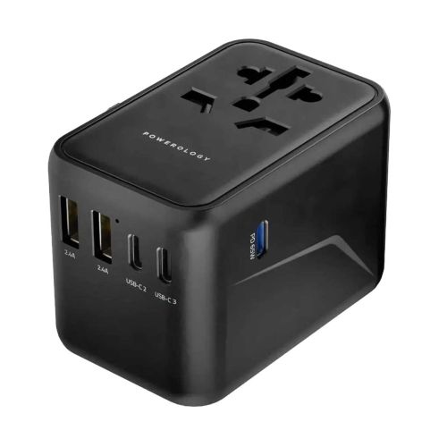 Powerology 65W PD Universal Multi Port Travel Adapter with Triple USB-C Output - Black