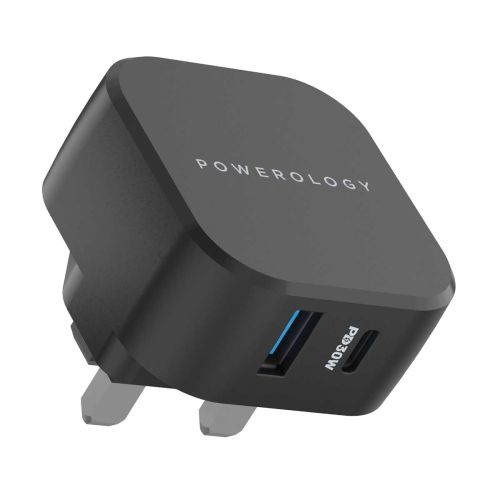 Powerology Dual Port Charger USB-A 18W + PD 30W - Black