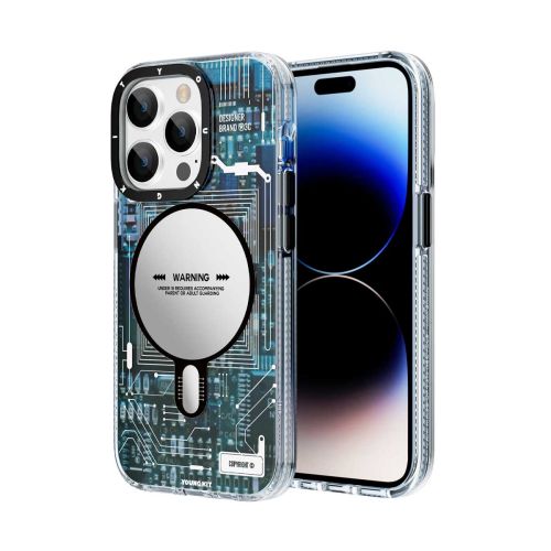 Youngkit Case for iPhone 14 Pro Max - Futuristic Circuit Anti Impact MagSafe - Blue