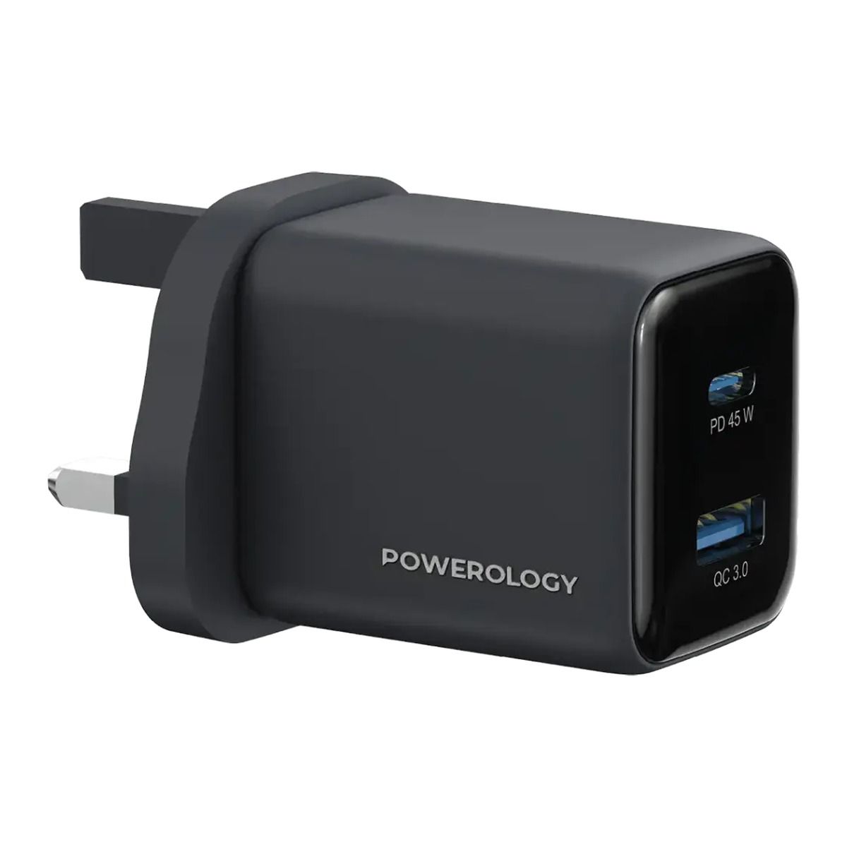 Powerology Volt-X 45W Dual USB-C PD Wall Charger with C to C Cable – Black | Adaptors