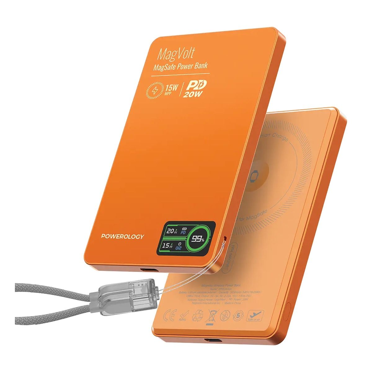 Powerology MegaVolt 5000mAh TFT Display Ultra Slim Magnetic Wireless Powerbank – Orange | PowerBank