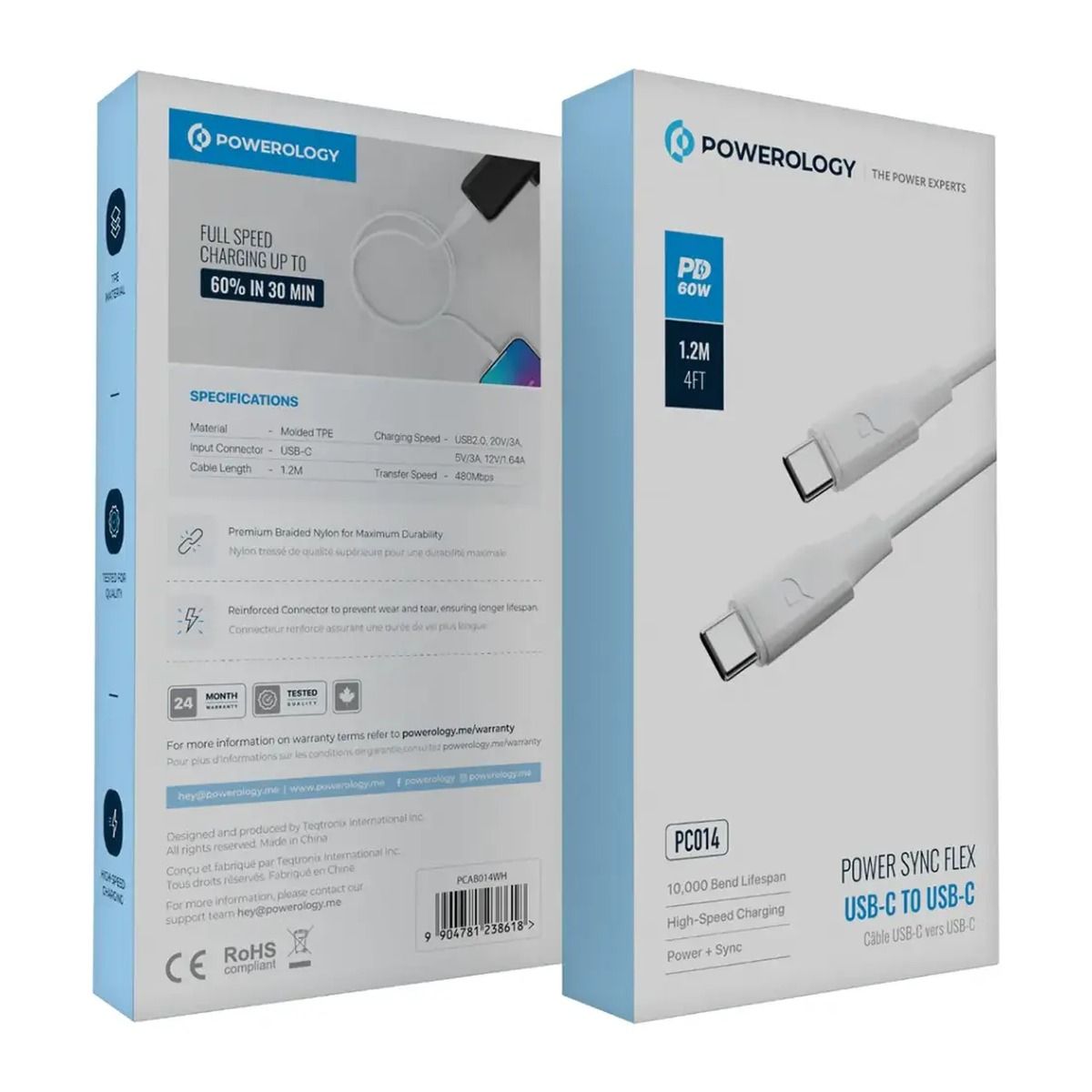 Powerology USB-C to USB-C Cable 60W V2.0 TPE Over-Molded 1.2m – White | Cables