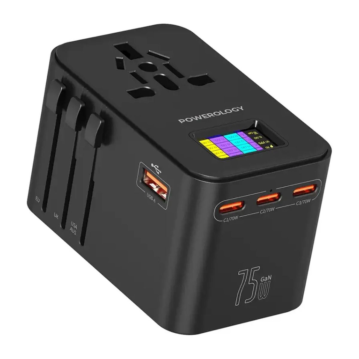 Powerology 3×75W USB-C GaN Travel Adapter – Black | Adaptors
