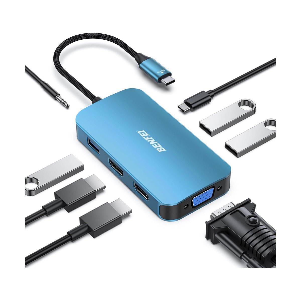 Benfei USB-C Docking Station 8-in-1 – Dual HDMI - VGA - 3× USB 3.0 - 100W Power Delivery - 3.5mm Audio | Connectivity Hubs
