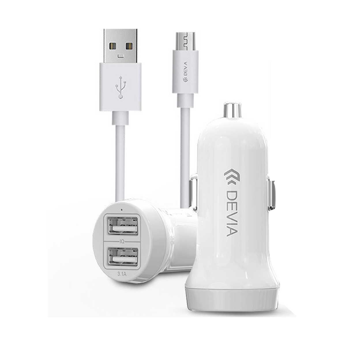 Devia Smart Series Car Charger 3.1A with USB-A To Micro Cable 1M - White | Adaptors