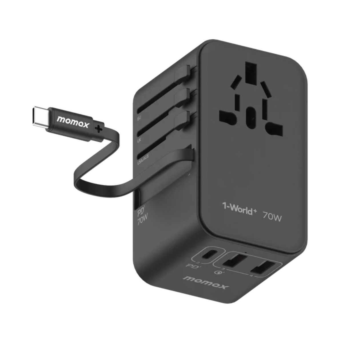 Momax 1-World 70w Gan 3 Port with Built-in USB-C Cable - Black | Adaptors