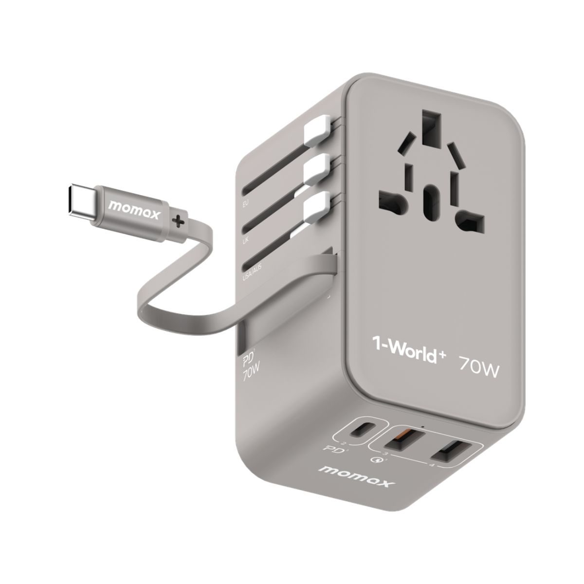 Momax 1-World 70w Gan 3 Port with Built-in USB-C Cable - Grey | Adaptors