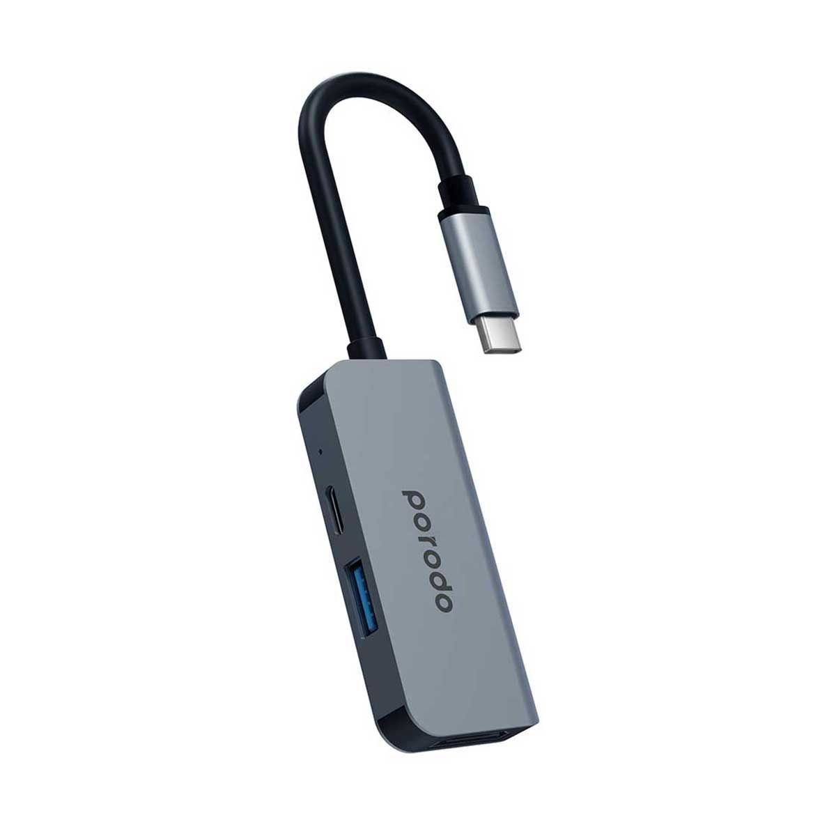 Porodo 3 in 1 Aluminum USB-C Hub 4K HDMI PD 87W - Gray | Accessories