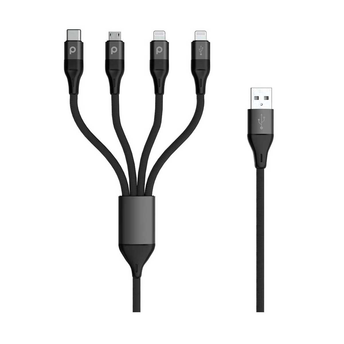 Porodo 4 In 1 Aluminum Braided Cable 1.2m 2.4a - Lightning 2x / Micro USB/ Type-c | Cables