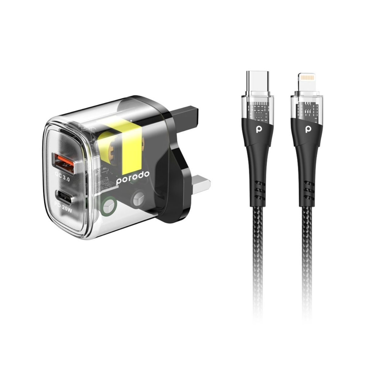 Porodo Dual Output Transparent PD 20W + QC 18W UK with USB-C to Lightning Cable 1.2M - Black | Adaptors