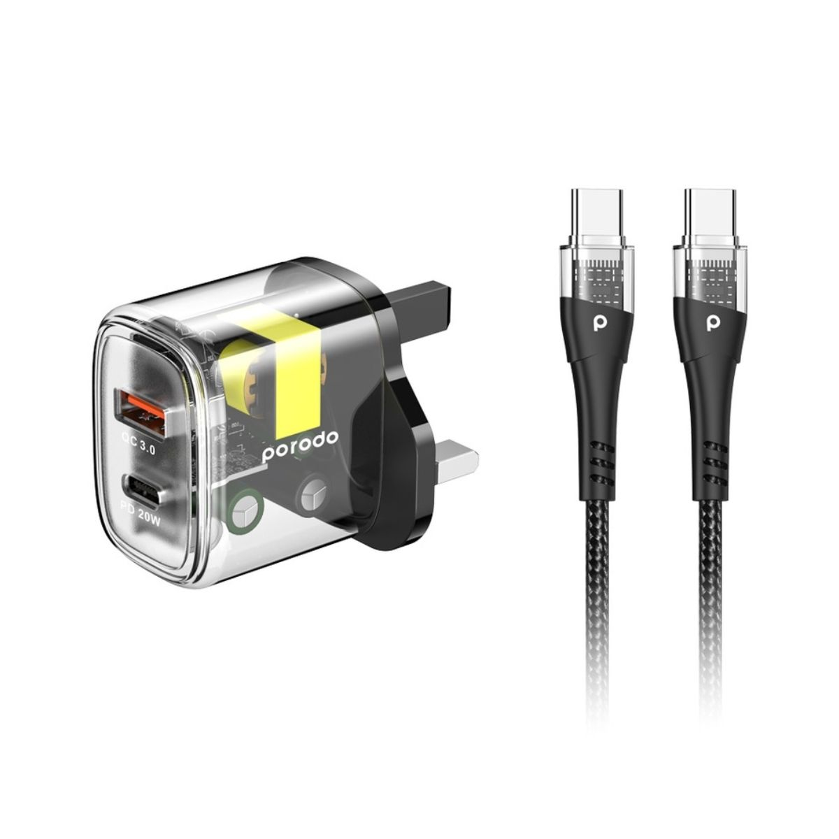 Porodo Dual Output Transparent PD 20W + QC 18W UK with USB-C to USB-C Cable 1.2M - Black | Adaptors