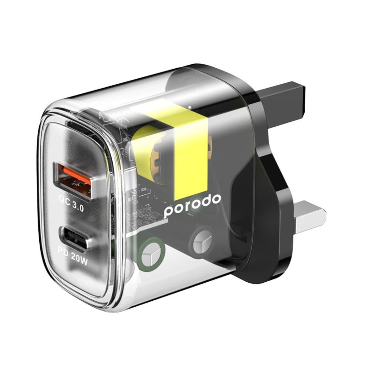 Porodo Dual Output Transparent Quick Charger PD 20W + QC 18W UK - Black | Adaptors