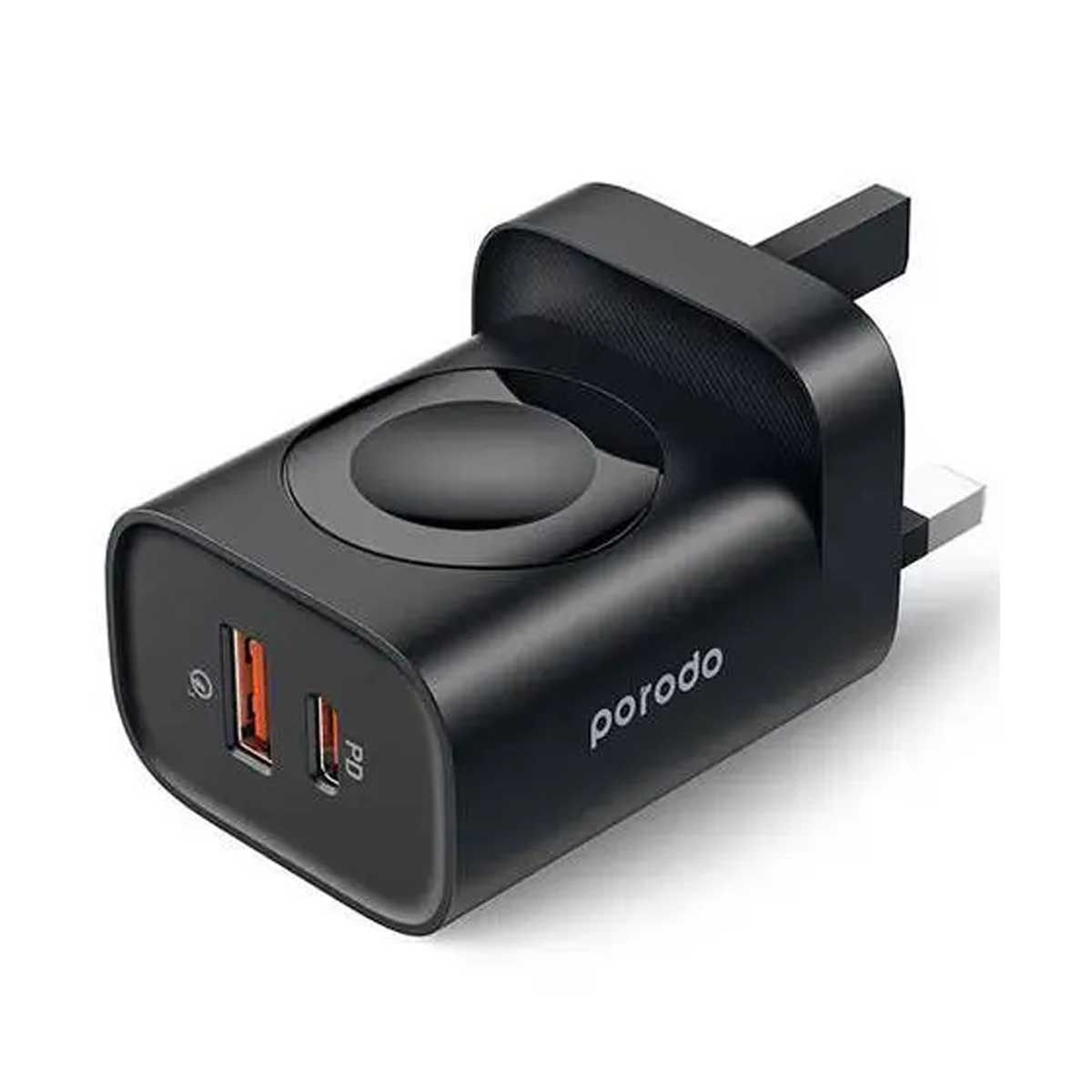 Porodo Dual Port Multi Device Wall Charger with Integrated Watch Charger - Black | Adaptors