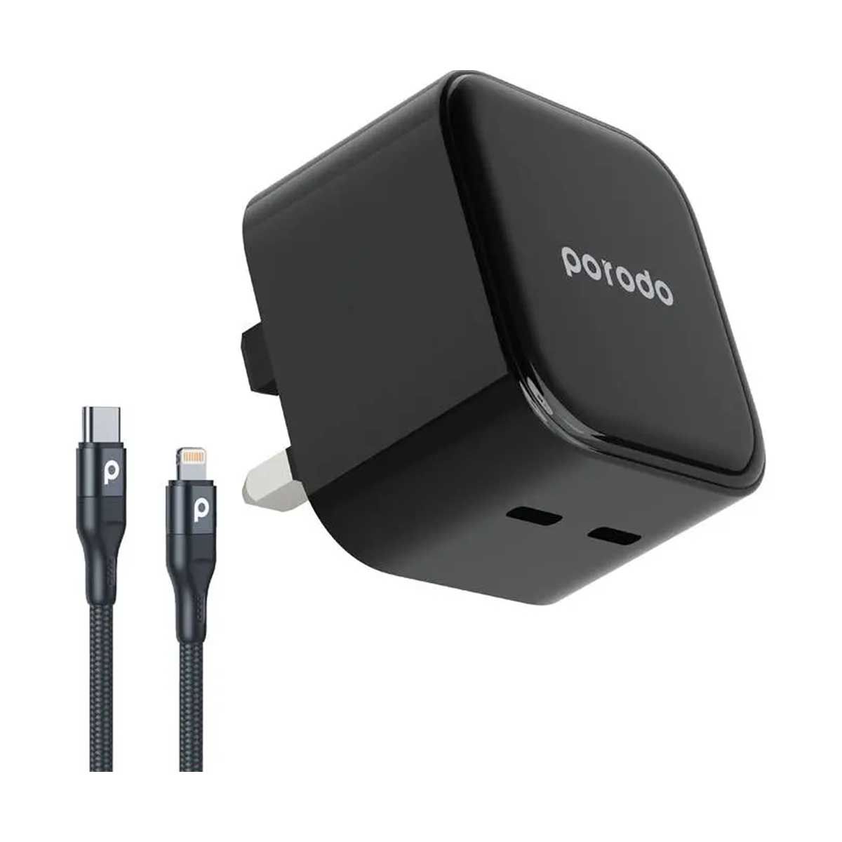Porodo Super Fast Dual USB-C Wall Charger 35W UK with Braided Type-C to Lightning Cable 1.2m - Black | Adaptors