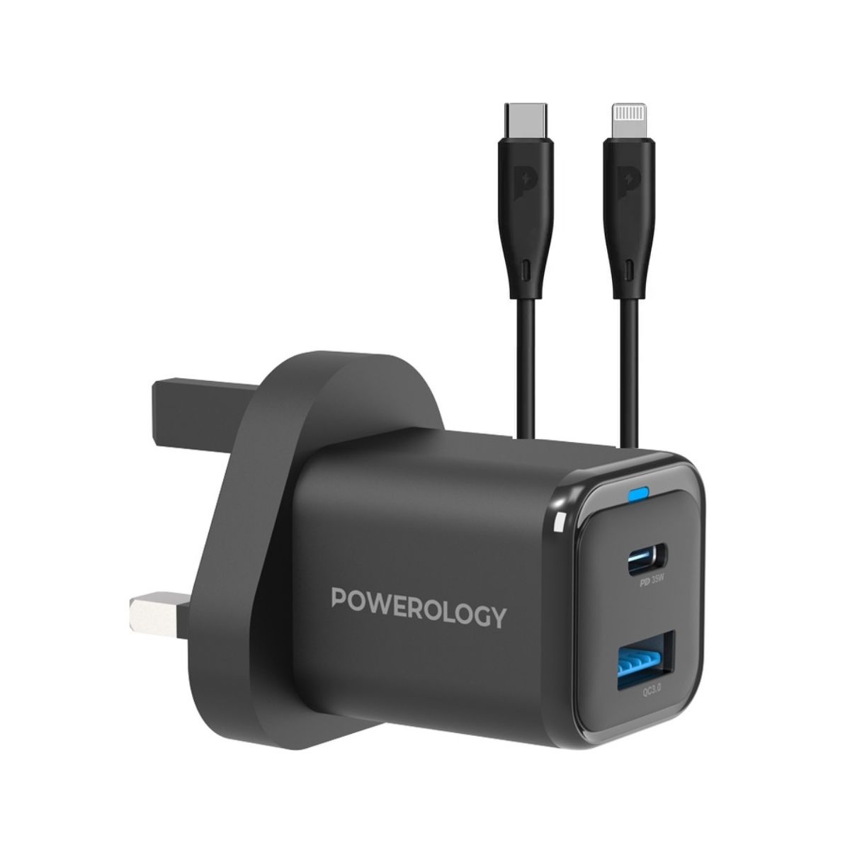 Powerology Dual Port Charger with Type-C to Lightning 120cm Cable – Black | Adaptors
