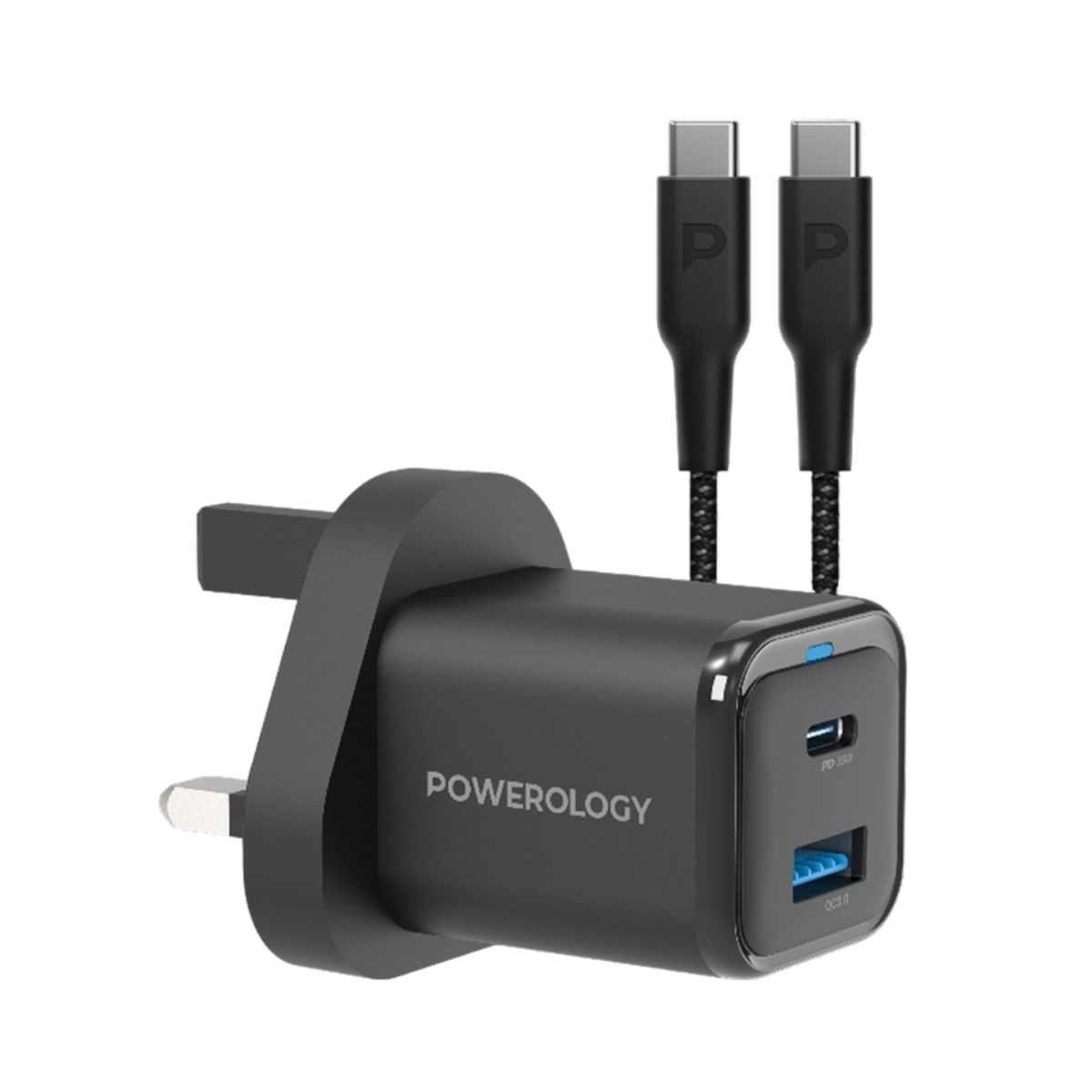 Powerology Dual Port Charger with Type-C to Type-C 60W Cable – Black | Adaptors