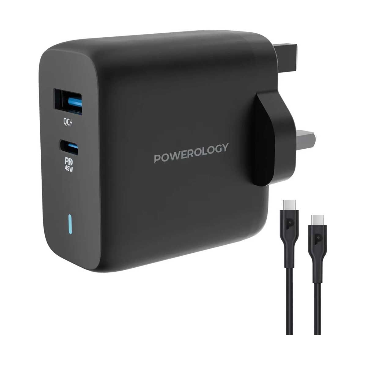 Powerology Dual Port Charger - PD 45W - With USB-C USB-C Cable - Black | Adaptors