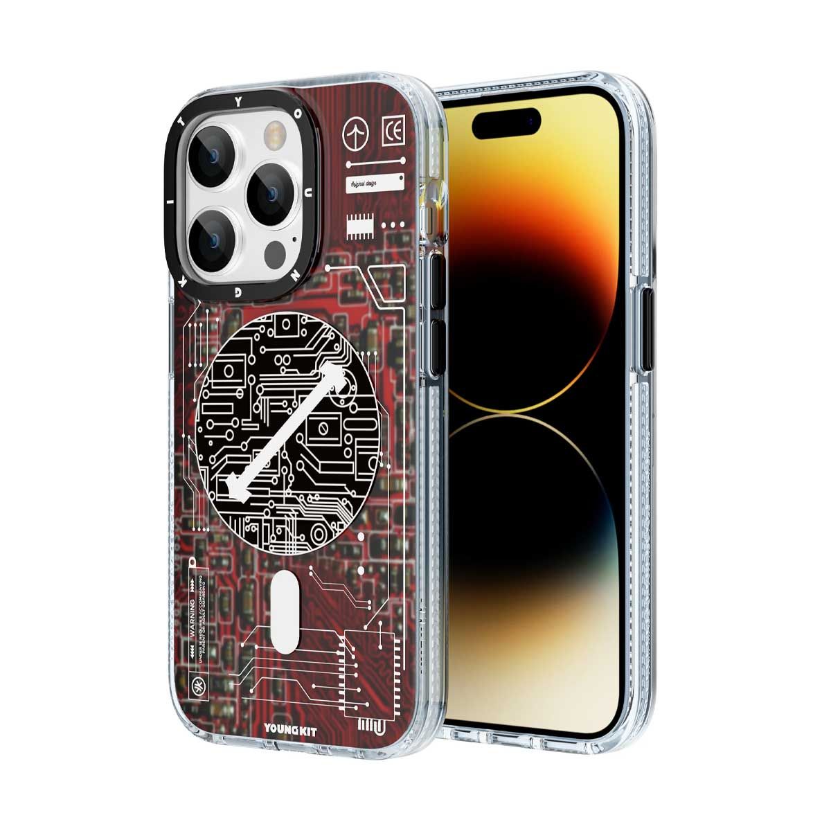 Youngkit Case for iPhone 14 Pro Max - Futuristic Circuit Anti Impact MagSafe - Red | Covers