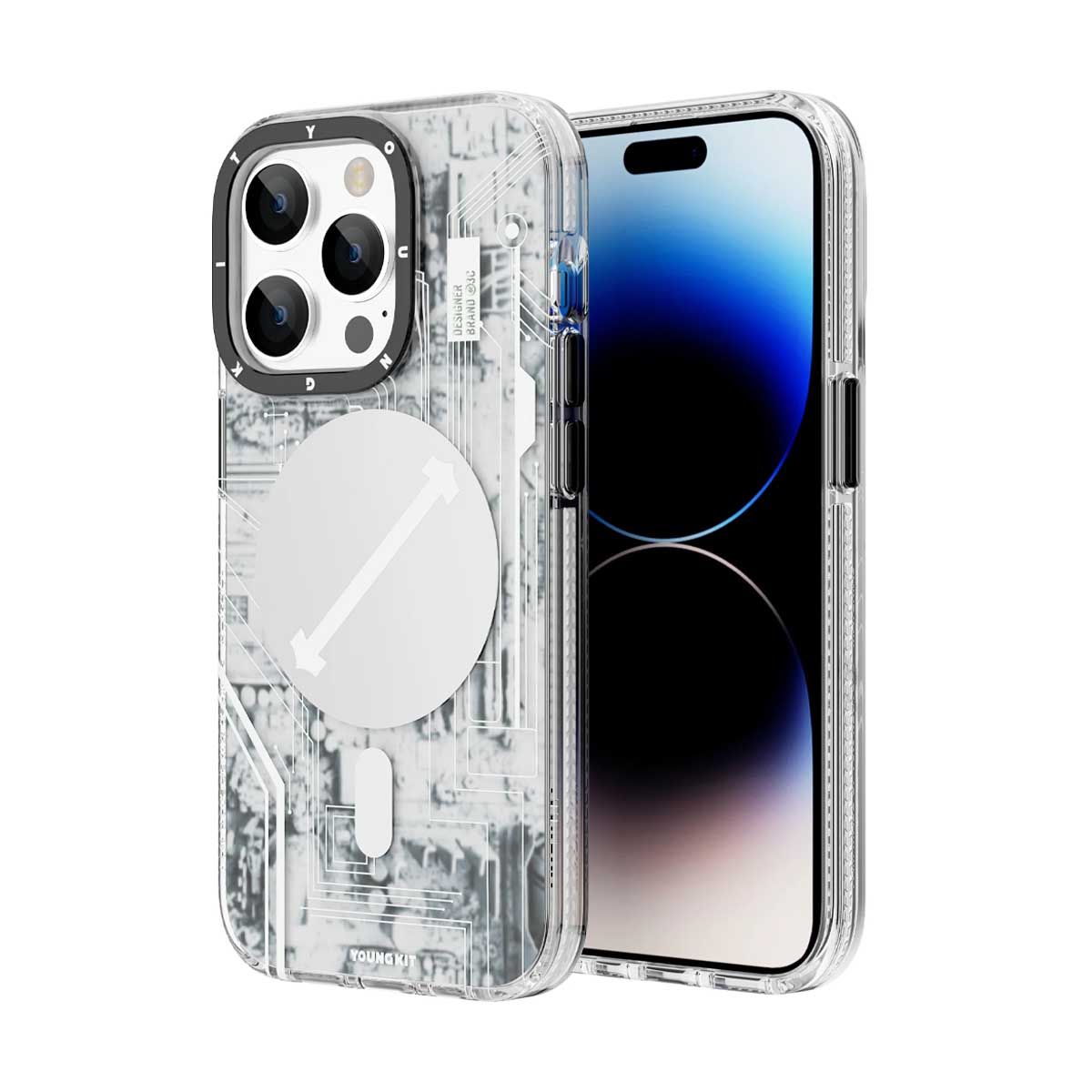 Youngkit Case for iPhone 14 Pro Max - Futuristic Circuit Anti Impact MagSafe - White | Covers